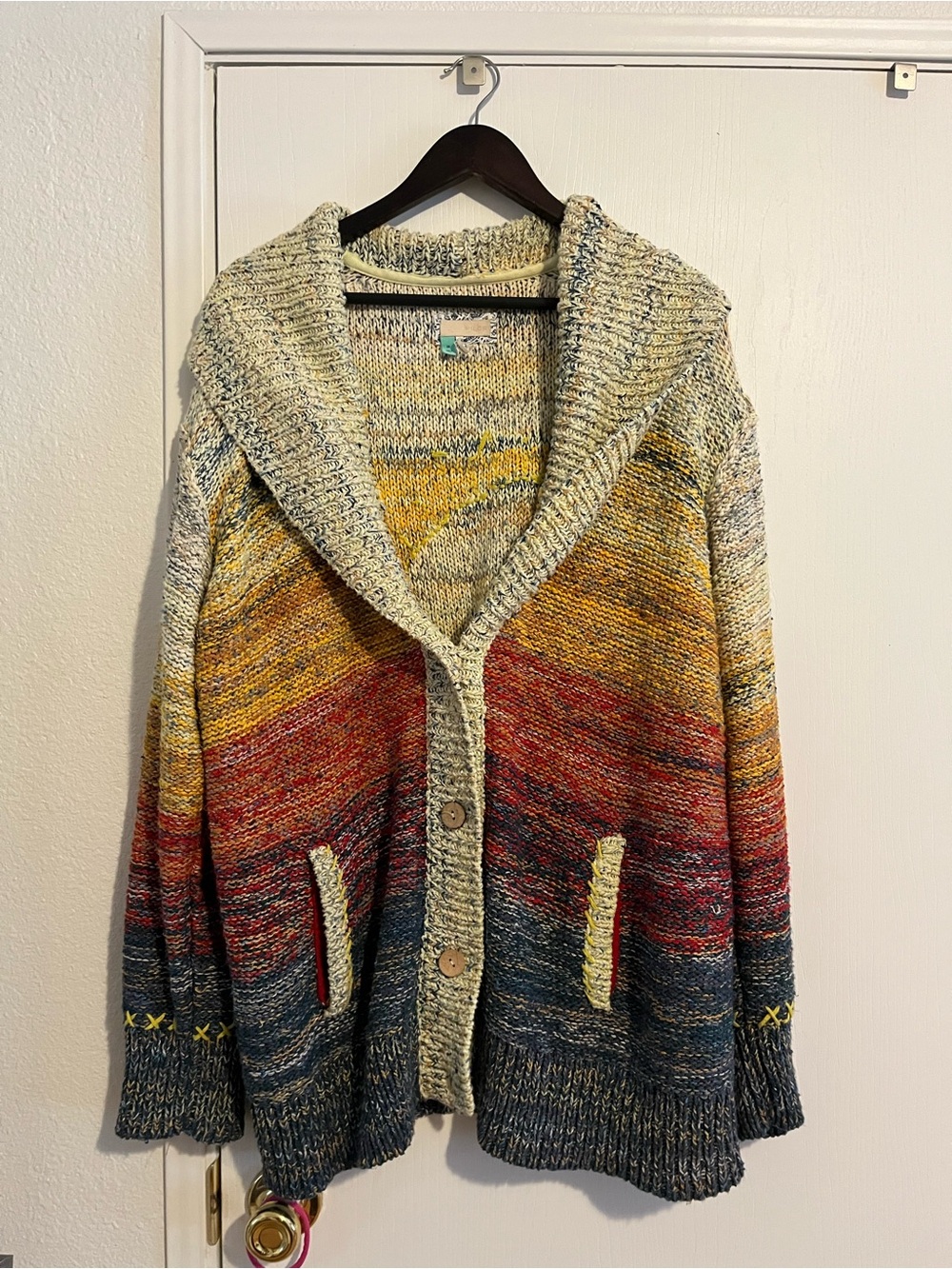 Pilcro Multicolor Hooded Knit Cardigan in Yellow Red Blue